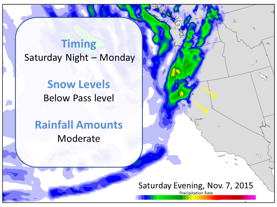 NOAA model forecast of Saturday evening, right before the storm hits Tahoe. 