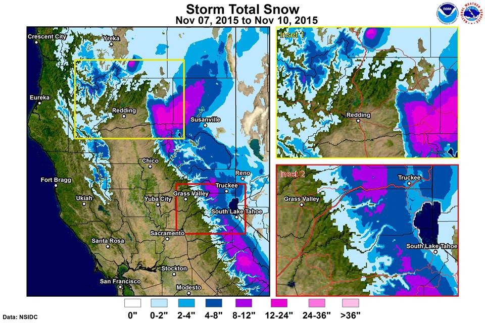 This NOAA map from this morning shows us exactly where the deepest snow fell. Looks like it was real deep up north by Mt. Lassen....