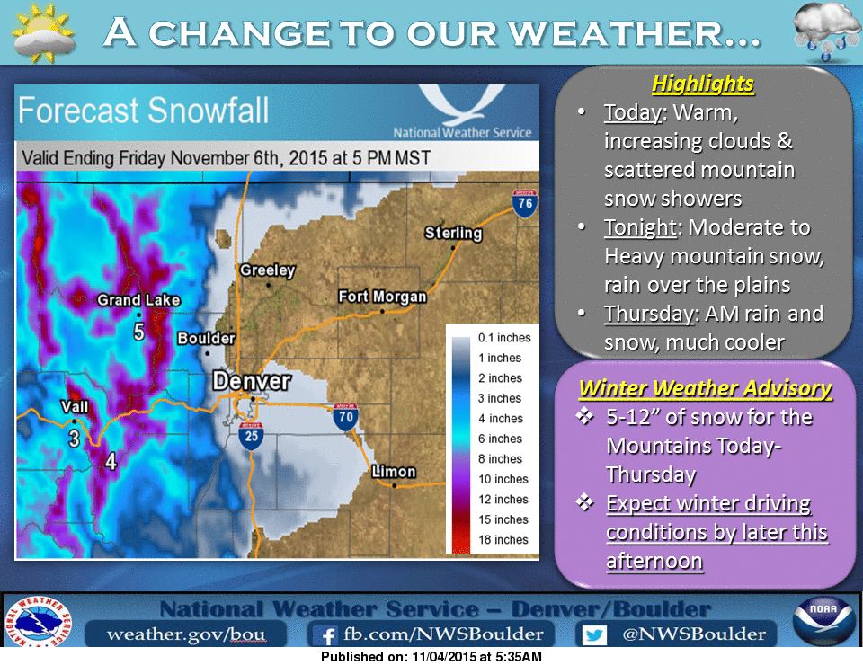 NOAA's snow forecast map showing up to 12" of snow for CO by noon tomorrow.