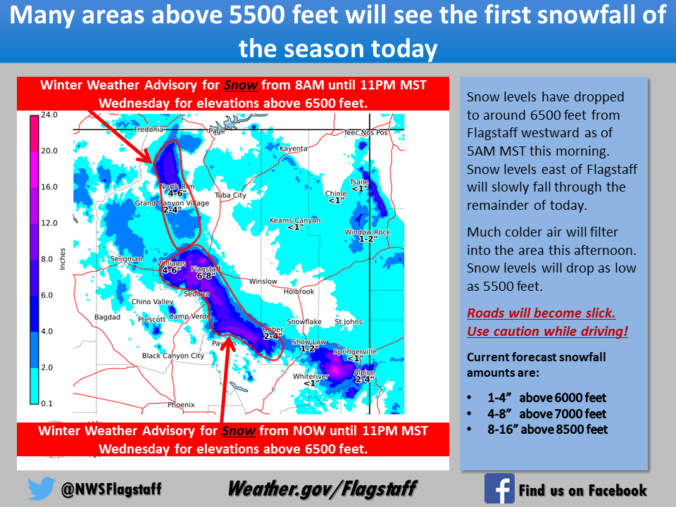 Arizona snow forecast today. image: noaa