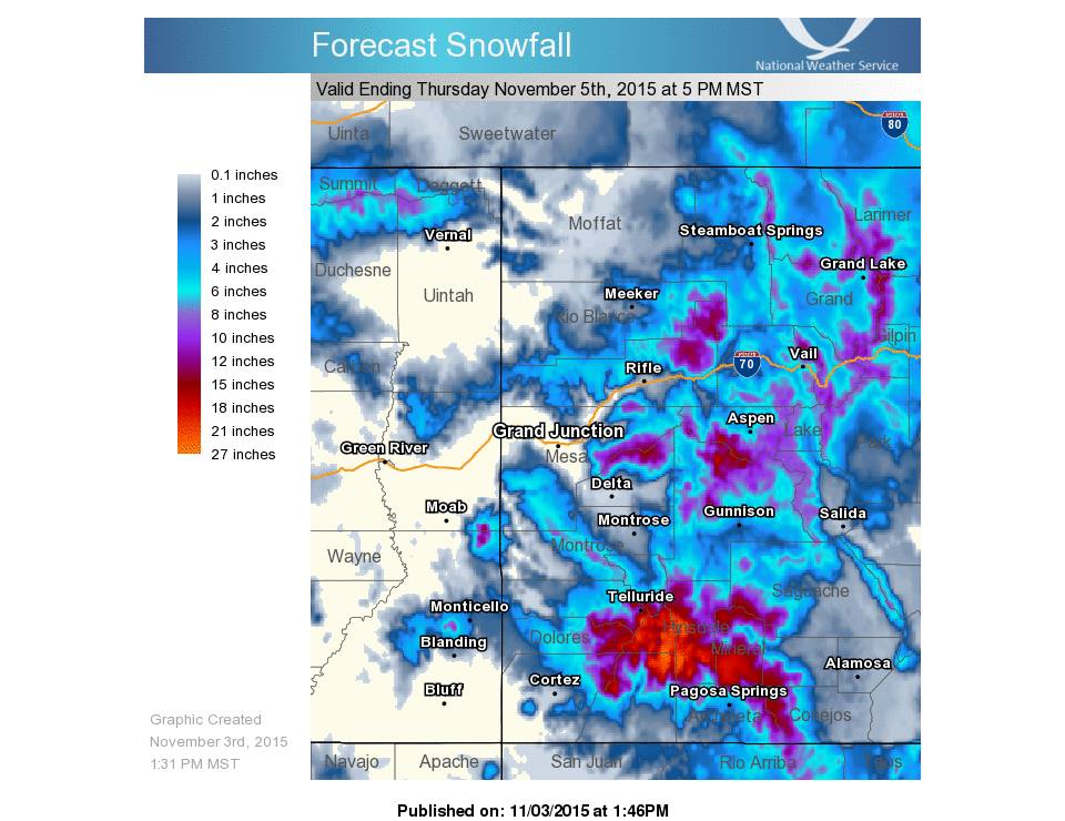 Colorado Snow forecast through Thursday.  That bright RED = over 20" of snow...  image:  noaa