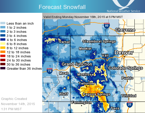 Snow forecast map showing highest amounts in the San Juan mountains.