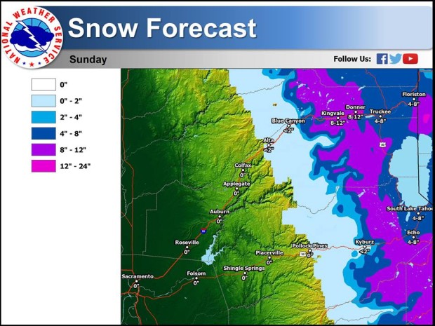 Tahoe region snowfall forecast map. PURPLE = 12-24" of snow forecast. image: noaa