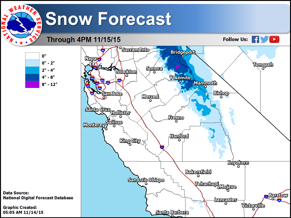 Snowfall forecast for the southern Sierra Nevada including Mammoth and Yosemite. image: noaa