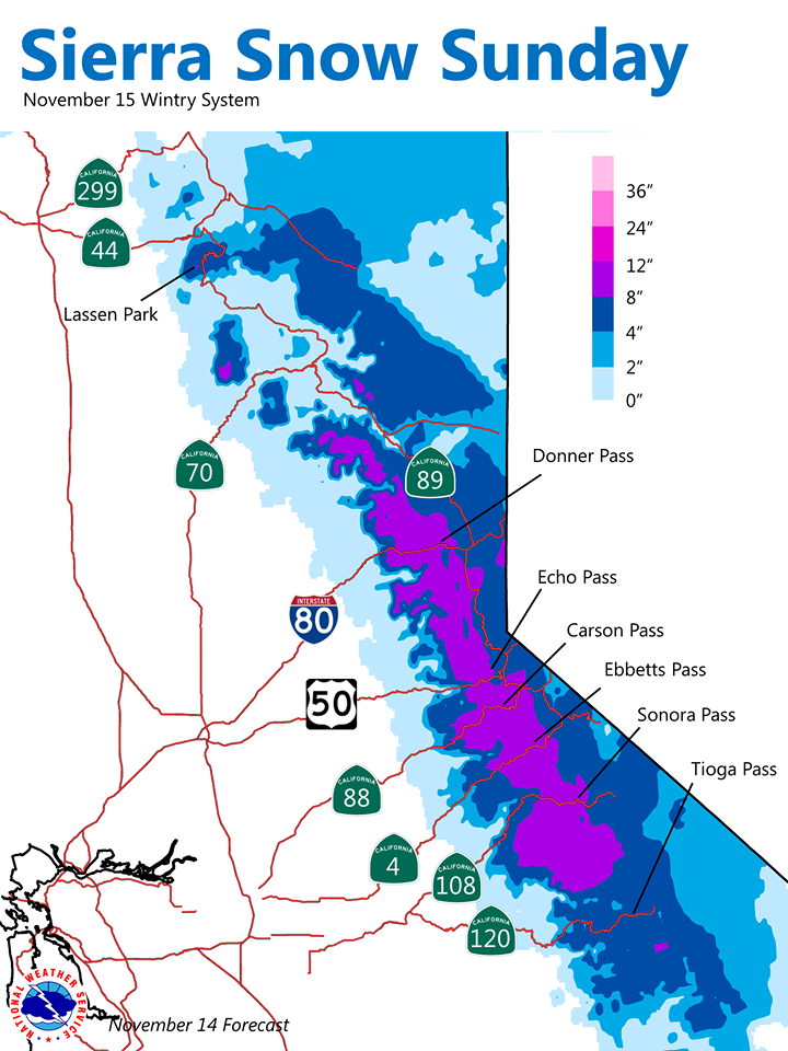 PURPLE = 8-12" of snow forecast. Snowfall forecast mapSierra Nevada including Tahoe & Mammoth for Sunday. image: noaa