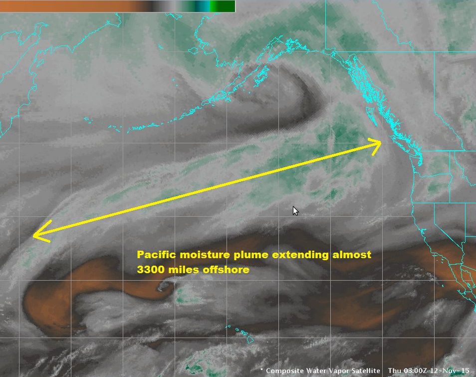 "A water vapor satellite image of the north Pacific this evening is eye catching. It's hard to miss the source of the rain we'll see late this week. The moisture plume extends more than 3,000 miles across the Pacific." - NOAA Seattle, WA today