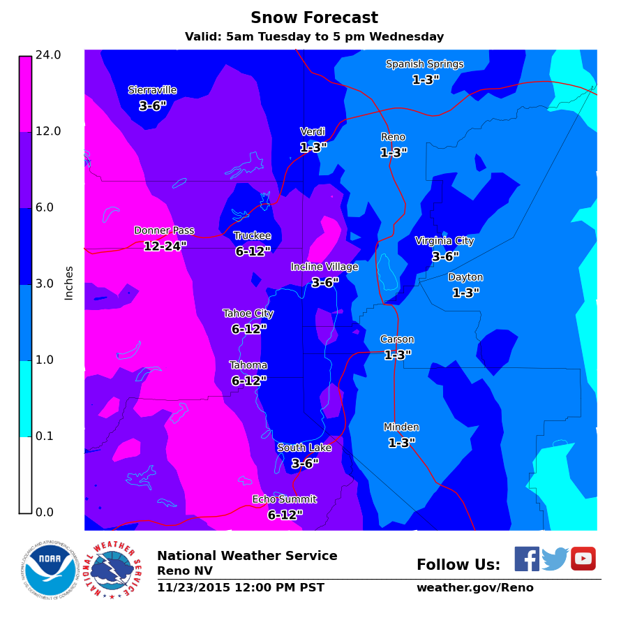 NOAA is forecasting snow totals of 12-24" for Donner Pass just north of Lake Tahoe, CA. image: noaa