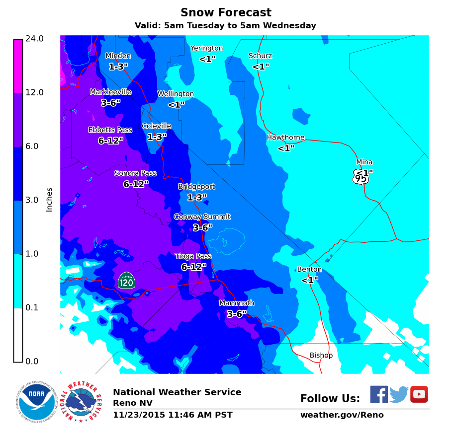 Snow forecast map for Yosemite and Mammoth