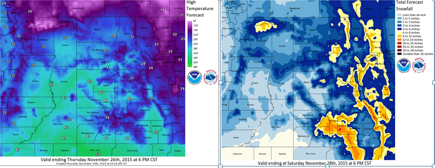 snow and temp forecast maps.  image:  noaa, today