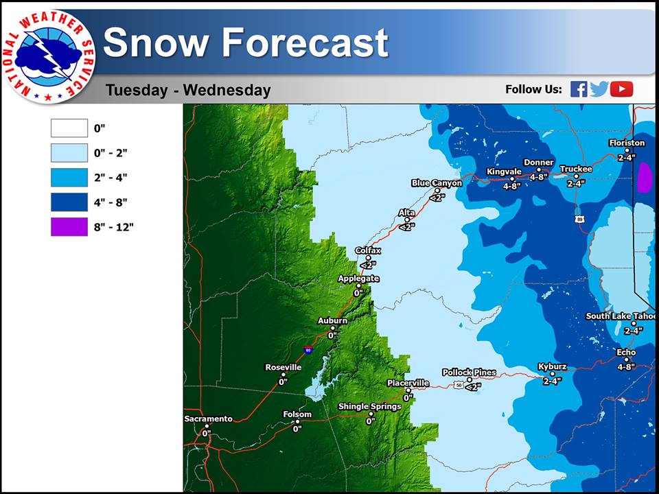 Snow forecast map for California Tues-Wed, zoomed in on Tahoe area