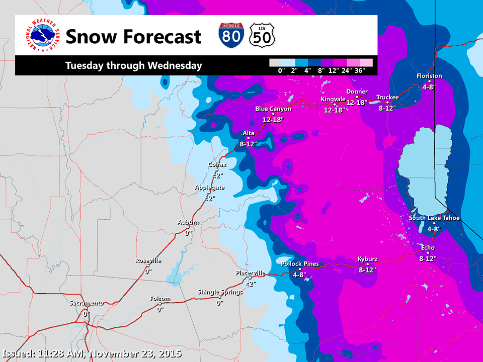 Snow forecast map for Tahoe.  BRIGHT PURPLE = 12-18" of snow forecast