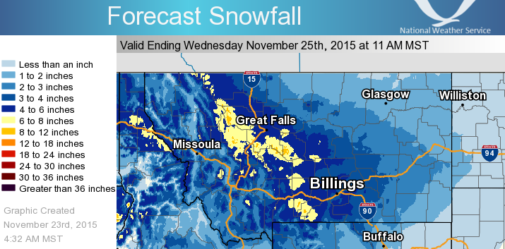 Snow forecast map for Montana. YELLOW = 6-8" of snow.