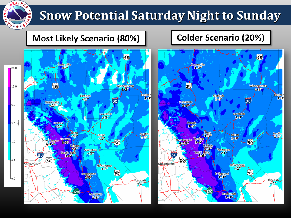 Snow total forecast map for California this weekend showing up to 