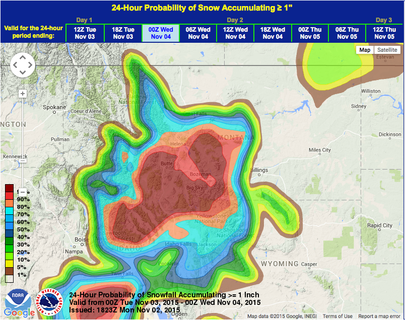Very high probability for snow in Montana the next few days (RED)...
