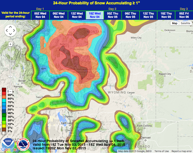 Very high probability of snow for the Jackson Hole, WY in the next 24 hours.