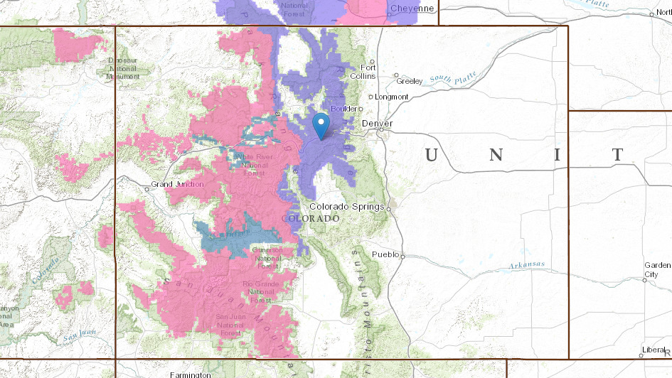 Pin in Arapahoe Basin, CO. Snow forecast for all of Colorado's mountains today. PINK = Winter Storm Watch. PURPLE = Winter Weather Advisory. BLUE = Winter Storm Watch