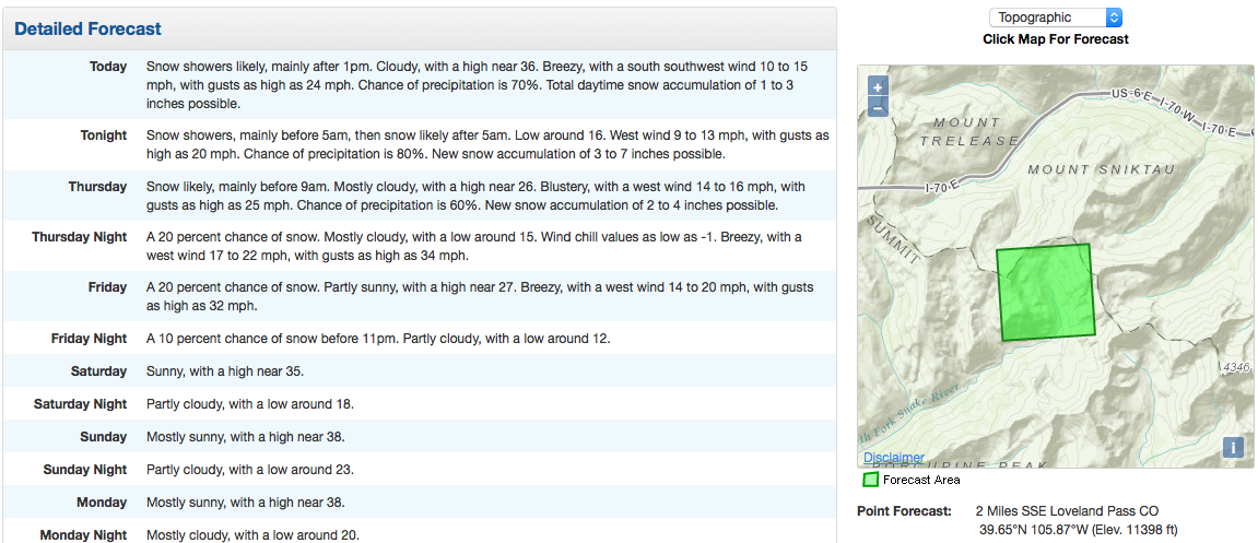 Snow forecast for the Loveland Pass, CO area (ie Loveland and A-Basin) showing up to 14" of snow for the upper elevations.