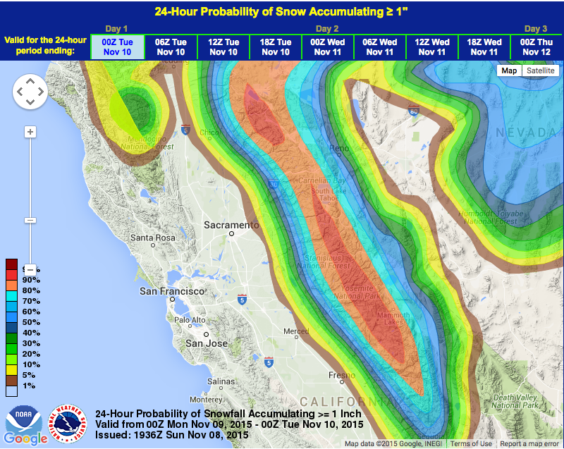 Huge chance of snow in California this week.