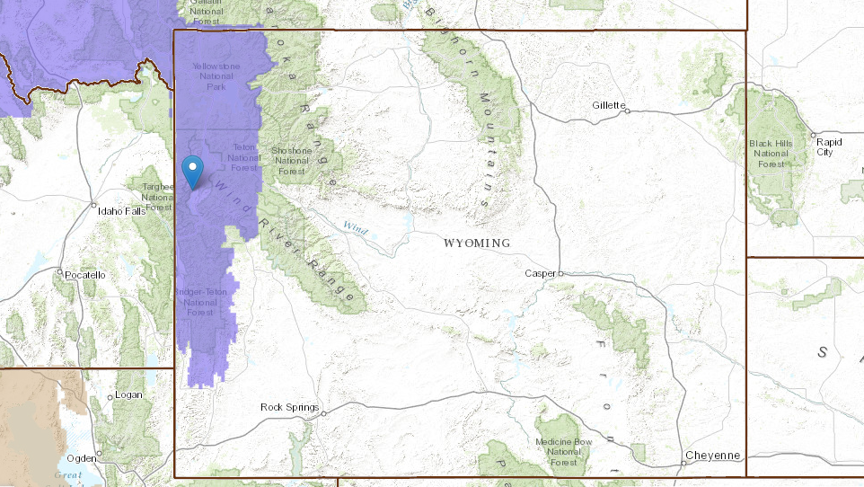 Pin = Jackson Hole. PURPLE = Winter Weather Advisory for Wyoming today.
