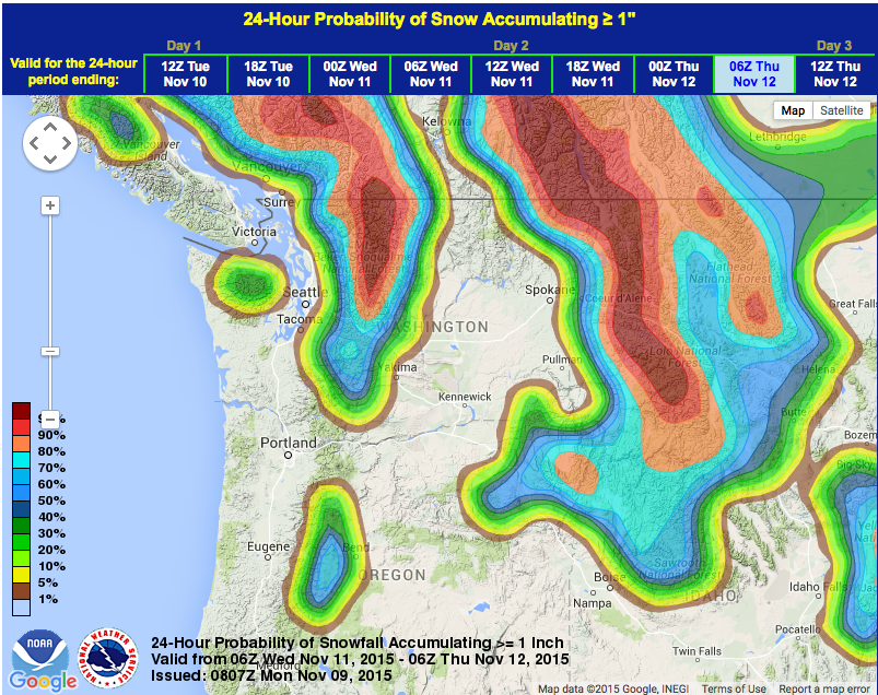 High probability of snow in WA on Wed.