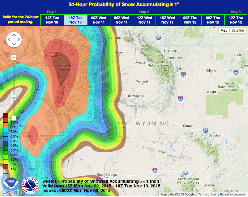 Snow probability is high for Jackson Hole, WY today.