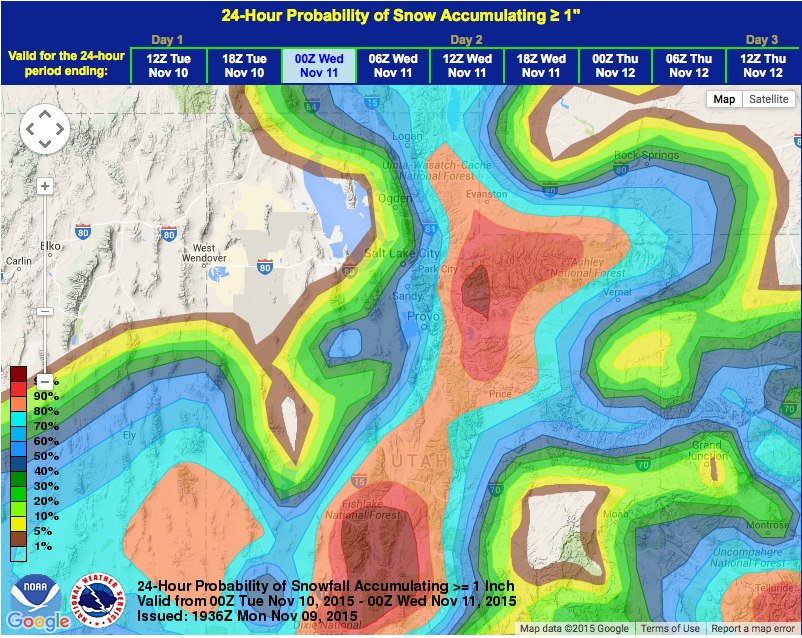 Very high probability of snow in Utah on Tuesday.