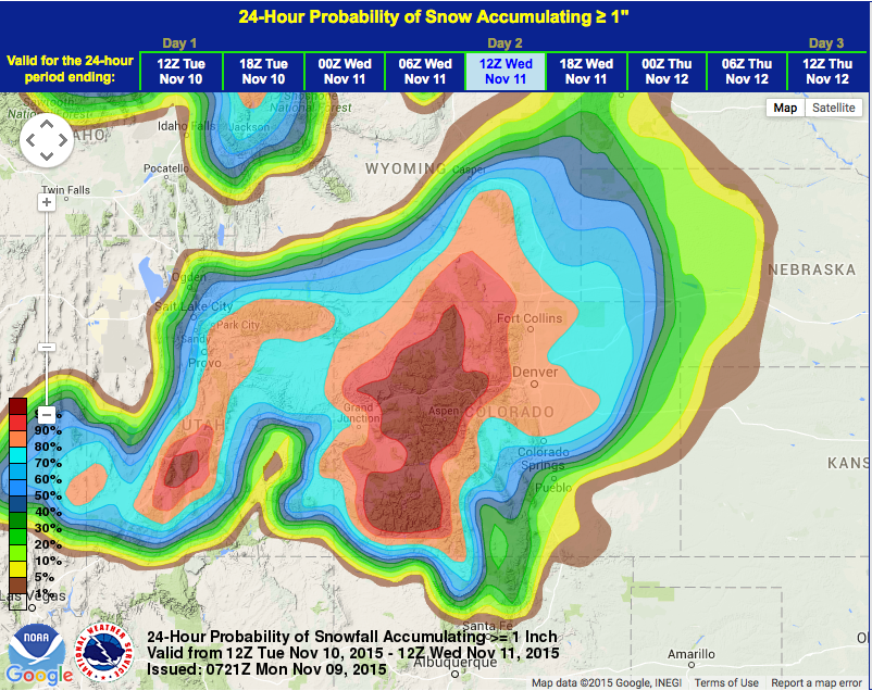 Very high probability of snow in colorado on Wednesday.