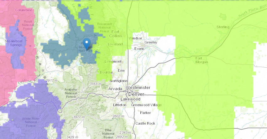 BLUE = Winter Storm Watch including Rocky Mountain National Park, CO.