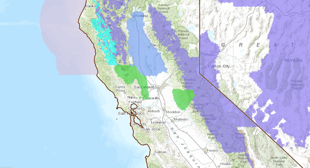 PURPLE = Winter Weather Advisory for California today. Even snow for the Coast Range...