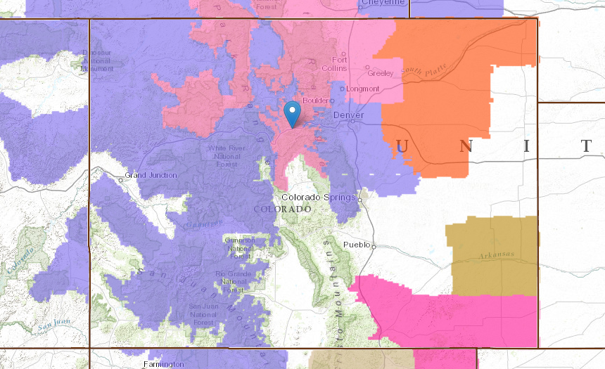 Pin = Arapahoe Basin. ORANGE = Blizzard Warning. LIGHT PINK = Winter Storm Warning. PURPLE = Winter Weather Advisory. BRIGHT PINK = Red Flag warning… yes, Colorado is on fire, baby!