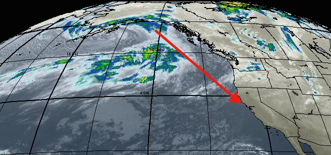 Satellite and radar image of storm in the Gulf of Alaska that is forecast to impact California this week.