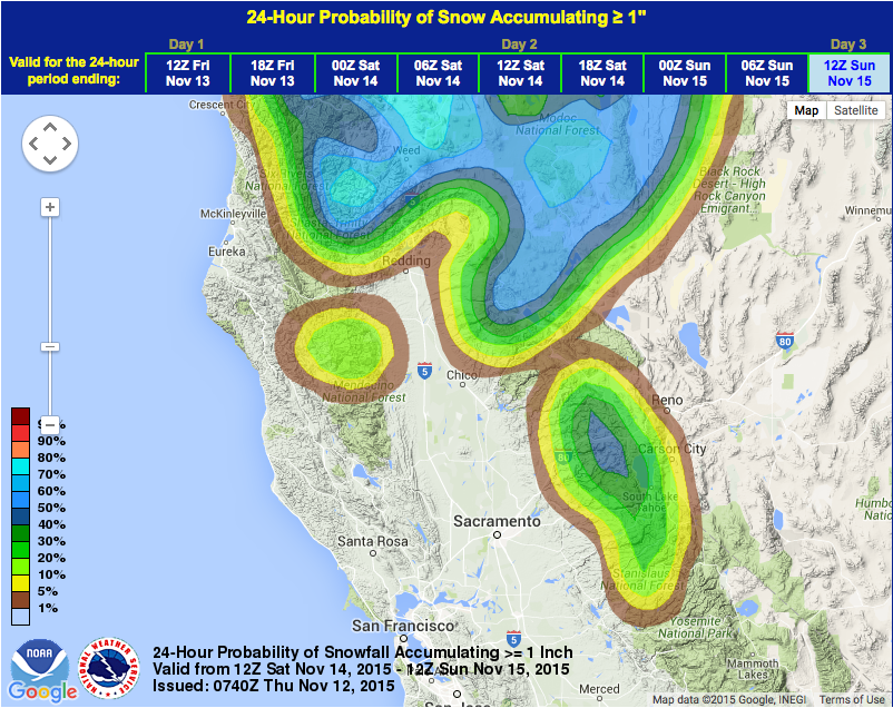 Snow probability for California on Saturday. Looks good for Tahoe, not much snow for Yosemite and Mammoth.