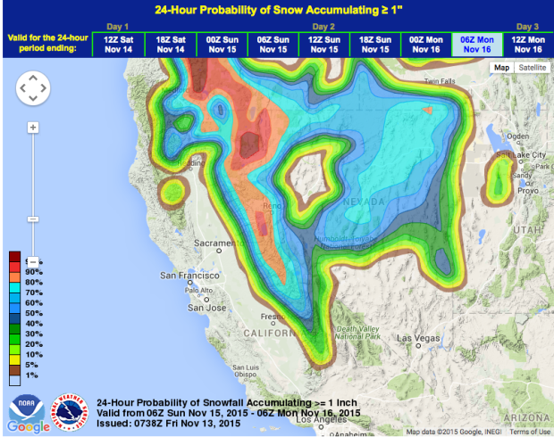 Very high snow probabilities for CA this weekend.