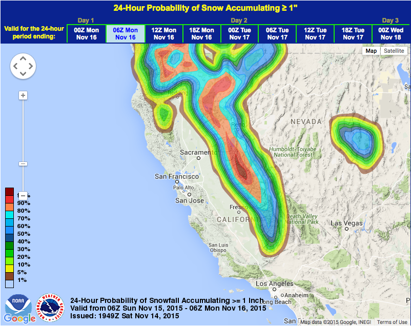 Snow probability for Monday is very high in CA.