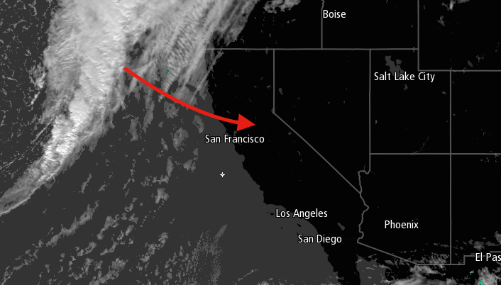 Satellite/Radar image showing storm to hit California on Sunday.  image from noon PST today.