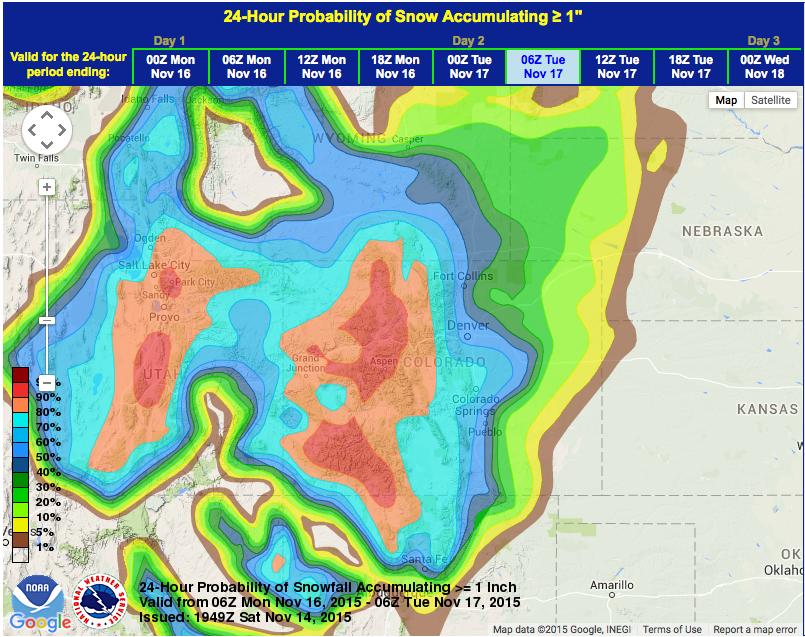 Very high snow probability for Colorado on Tuesday.
