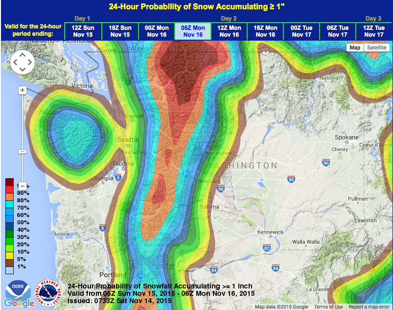 Very high snow probabillity for the Mt. Baker area (see RED) on Sunday.