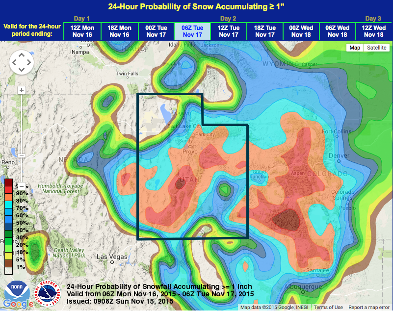 High snow probability for Utah on Monday.