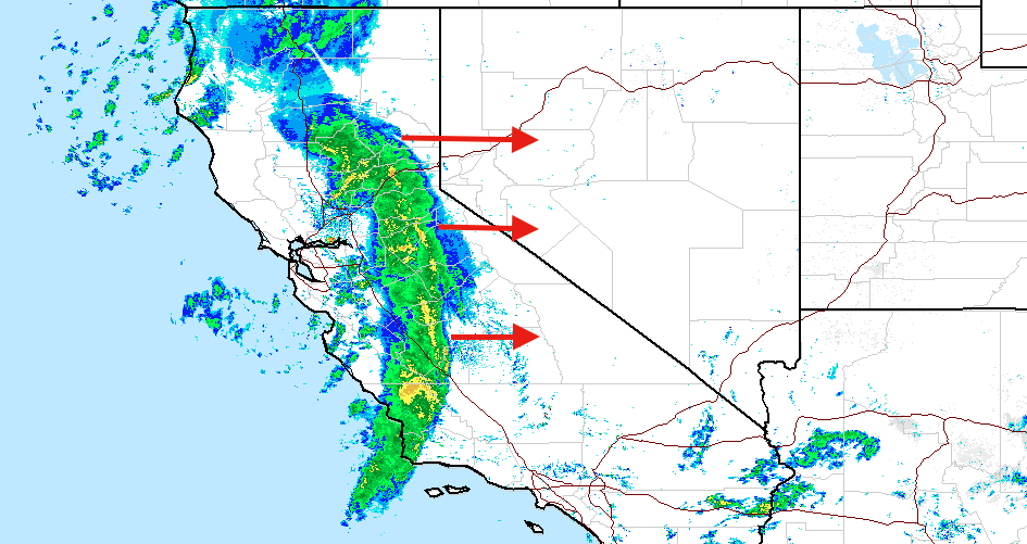      Radar at 9am showing a badass looking storm about to nail the Sierra Nevada mountains in California