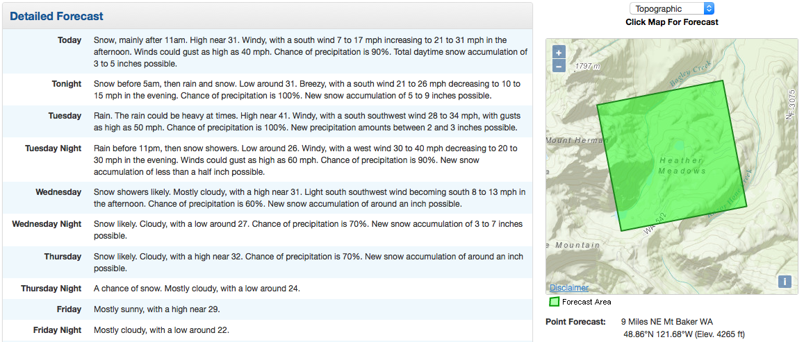 Mt. Baker ski area is forecast to see 10-17" of snow before the rain and 3-7" of snow after the rain (see bottom of article for NOAA graphic).