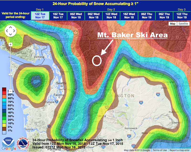 White Circle = Mt. Baker ski area. RED = 100% snow probability 