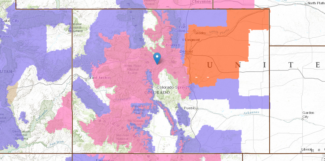 Pin = Breckenridge, CO.  ORANGE = Blizzard Warning.  PINK = Winter Storm Warning.  PURPLE = Winter Weather Advisory