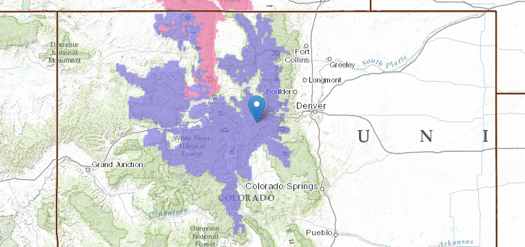 Pin = Arapahoe Basin, CO. PINK = Winter Storm Warning. PURPLE = Winter Weather Advisory