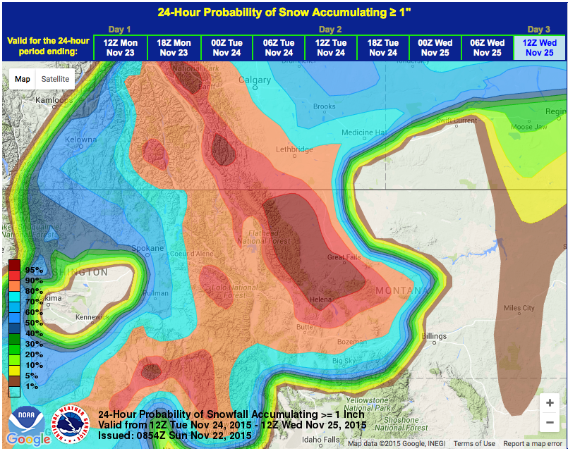 RED = 100% probability of snow on Tues/Wed. image: noaa, today