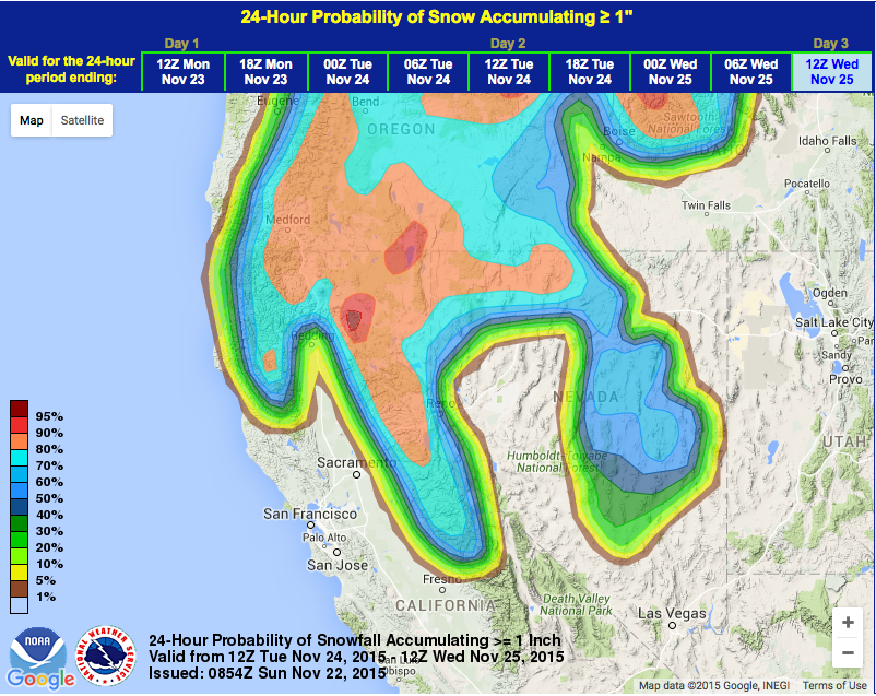 Snow probability for California looks better the further north you go on Tues - Wed in California.