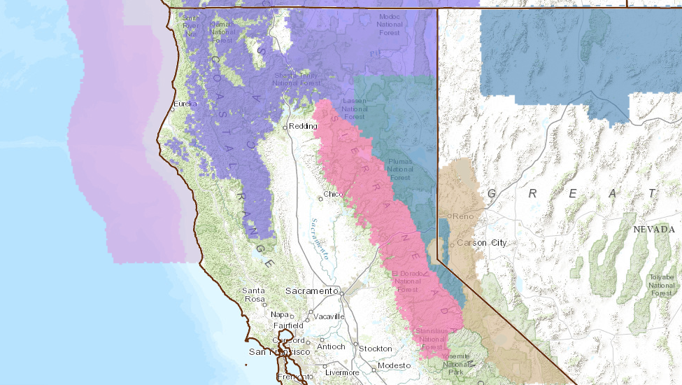 PINK = Winter Storm Warning. BLUE = Winter Storm Watch. PURPLE = Winter Weather Advisory. Yosemite and Mammoth are not under advisories