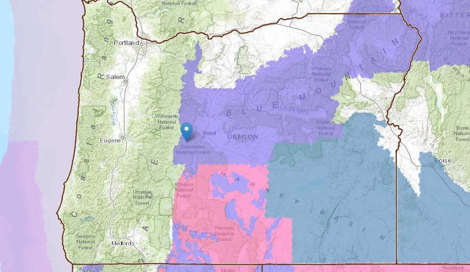 Pin = Mt. Bachelor. PURPLE = Winter Weather Advisory. BLUE = Winter Storm Watch. PINK = Winter Storm Warning.