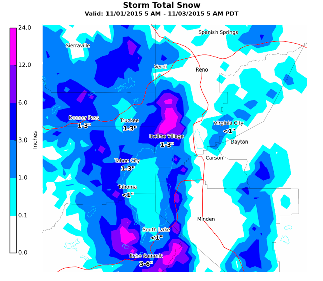 Storm snow totals for Lake Tahoe area showing Mt. Rose living in the winning PINK area where over a foot of snow is forecast. image: noaa