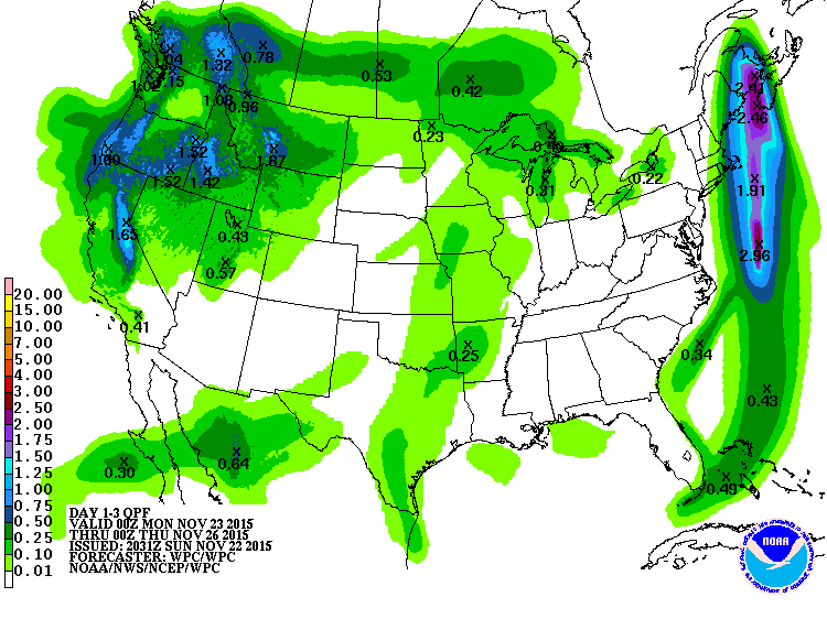 3-day liquid precipitation forecast calling for 1.65" of liquid which at 20:1 snow ratios that NOAA is forecasting would translate to over 30" of snow...