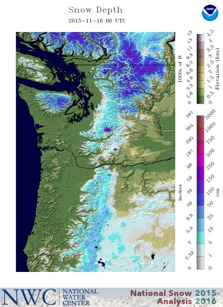 Current snow depth in the Pacific Northwest.